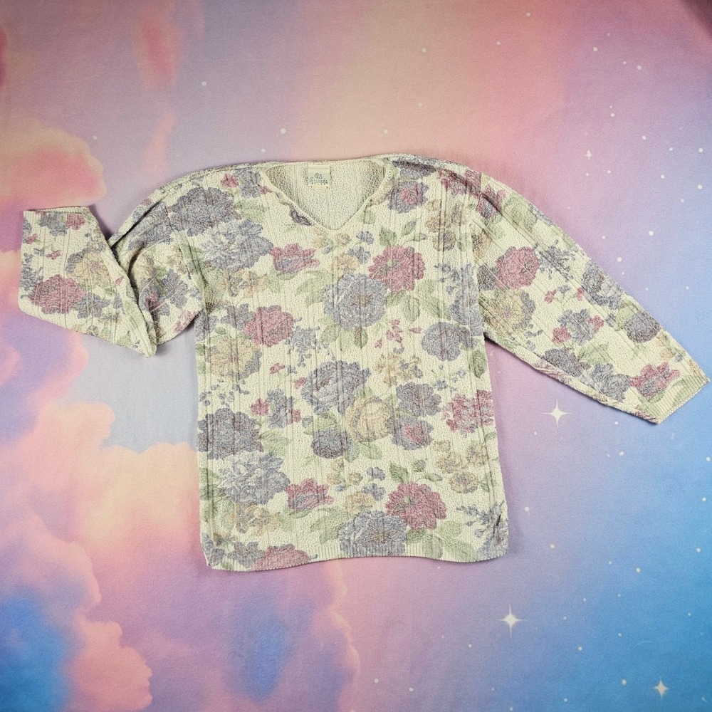 Cascade‎ Blues Floral Sweater Womens S Multicolor Excellent Vintage V-Neck Knit